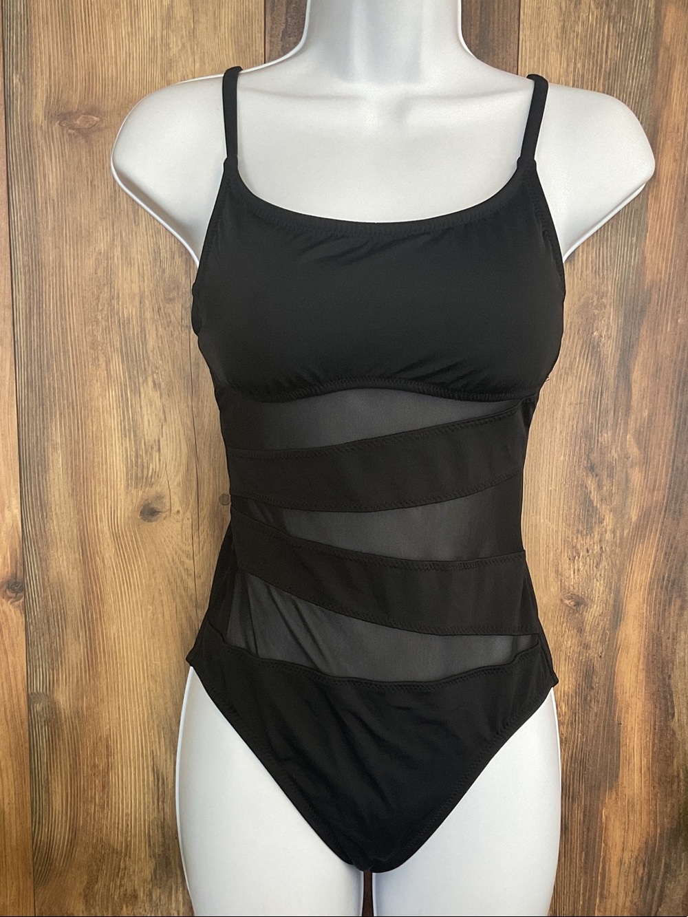 Shade & Shore Black Mesh Sheer-Panel One-Piece Swimsuit S        NWOT